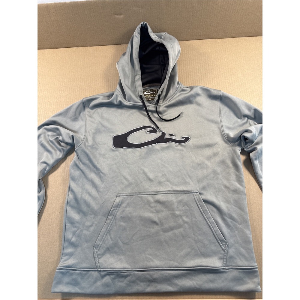Drake Waterfowl Performance Hoodie Mens Medium Gray Fleece Lined Logo Sweatshirt